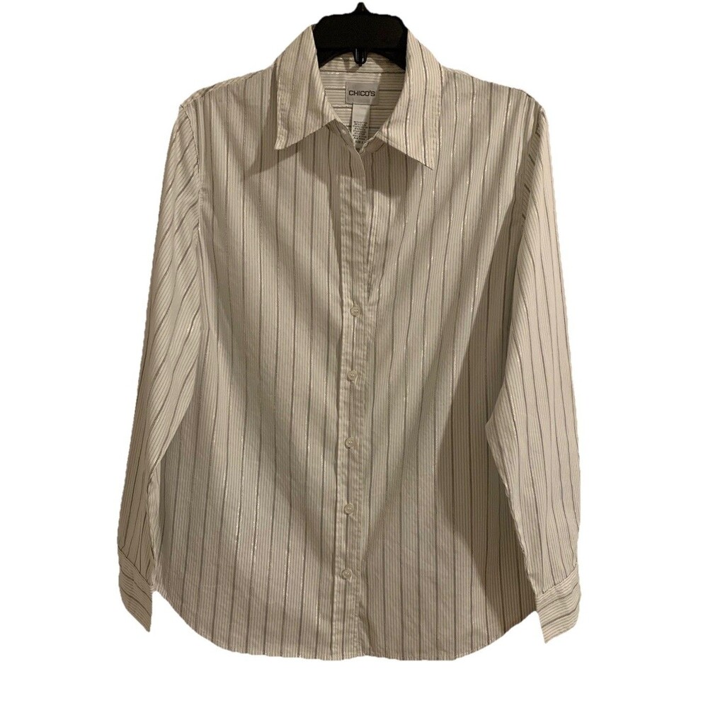 Chicos Size 2 Womens Large Top White Striped Button Up Long Sleeve Sparkly